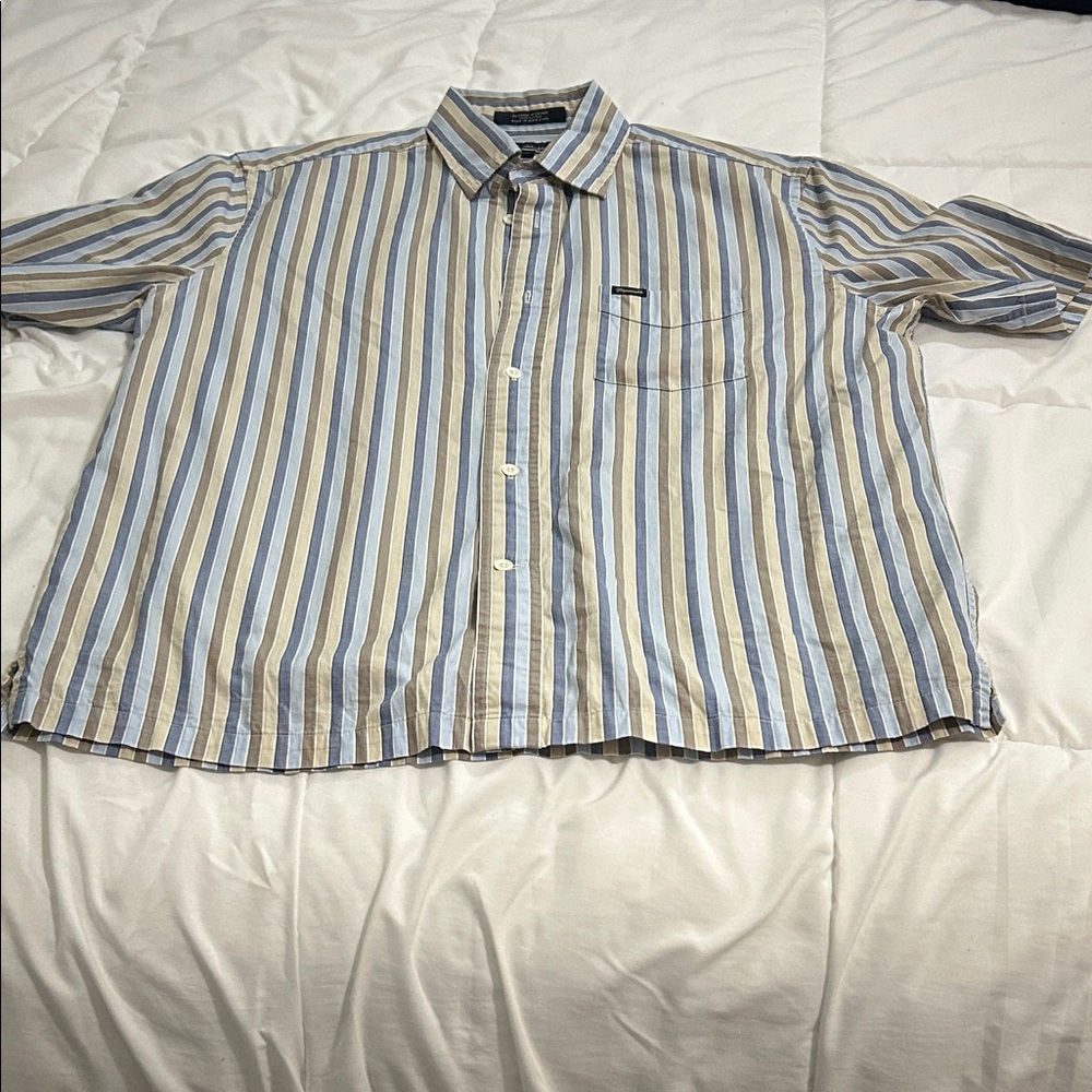 Faconnable Blue & Beige Striped Short-Sleeve Button-Down Shirt